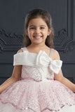 Pink Sequin Layered Ruffle Party Wear Frock With Statement Bow For Girls