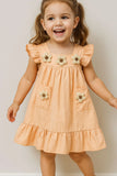 Casual Peach Cotton Dress with 3D Flower Appliqué For Girls