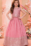Pink Sequins Embroidered Lehenga Choli Set For Girls