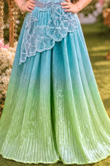 Elegant Aqua Blue Floral Embellished Pleated Palazzo Set for Girls