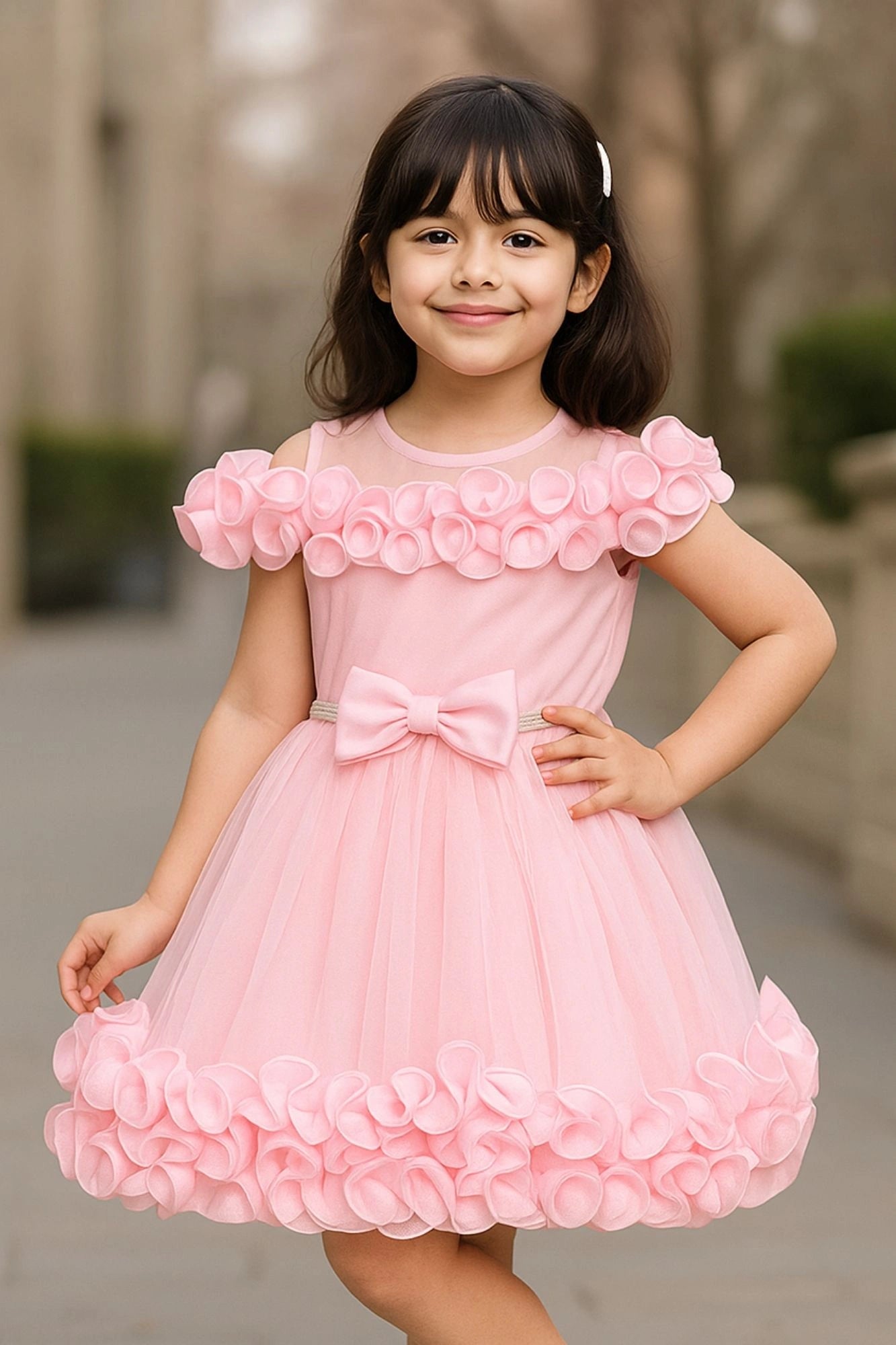 Baby Pink Party Wear Frock with 3D Ruffled Detailing & Waist Bow For Girls