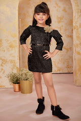 Classic Black 3/4th Sleeves With Floral Embellished Dress For Girls