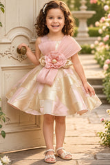 Girls Ivory And Peach Organza Party Frock with Statement Bow