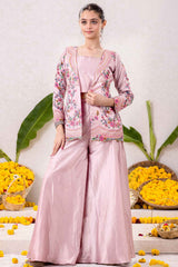 Onion Pink Embroidered With Overcoat Palazzo Set For Girls