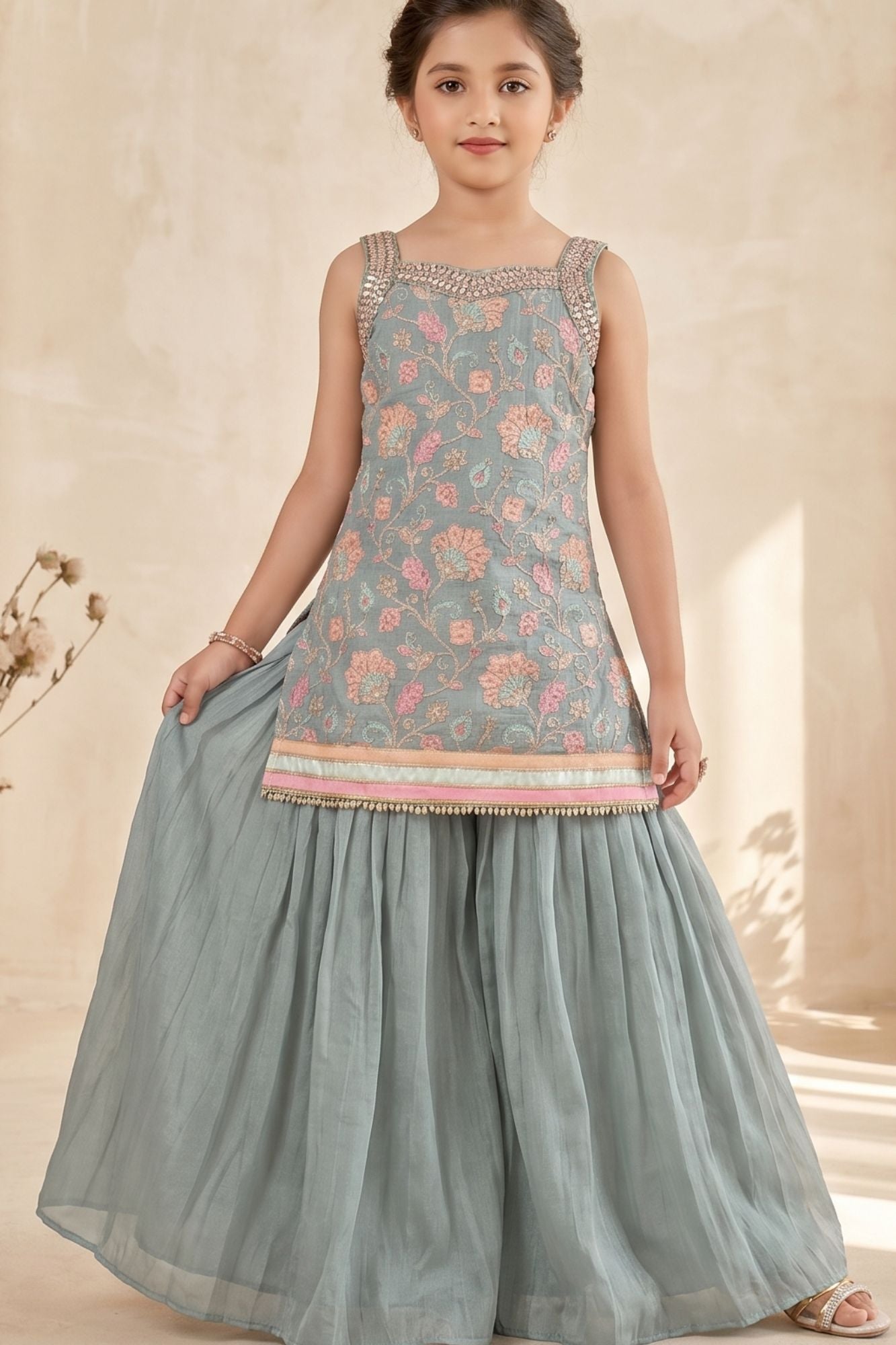 Powder Blue Floral Embroidered Palazzo Set For Girls