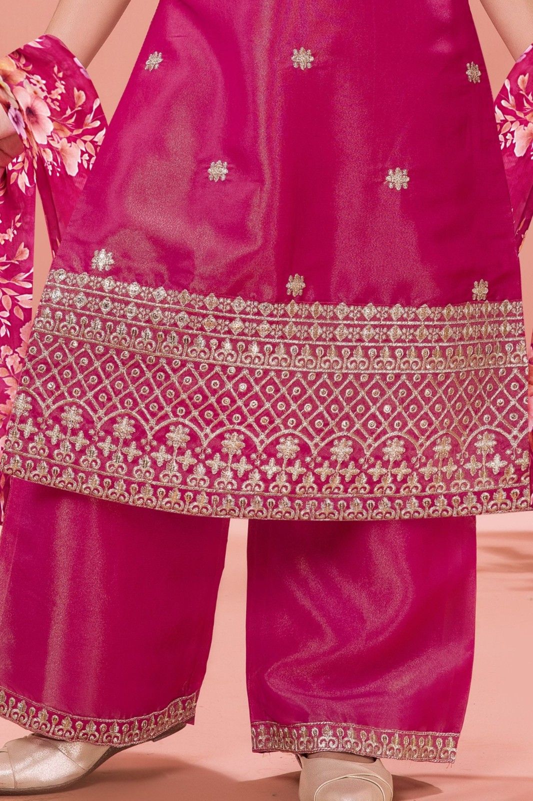 Rani Pink Embroidered Palazzo Set For Girls