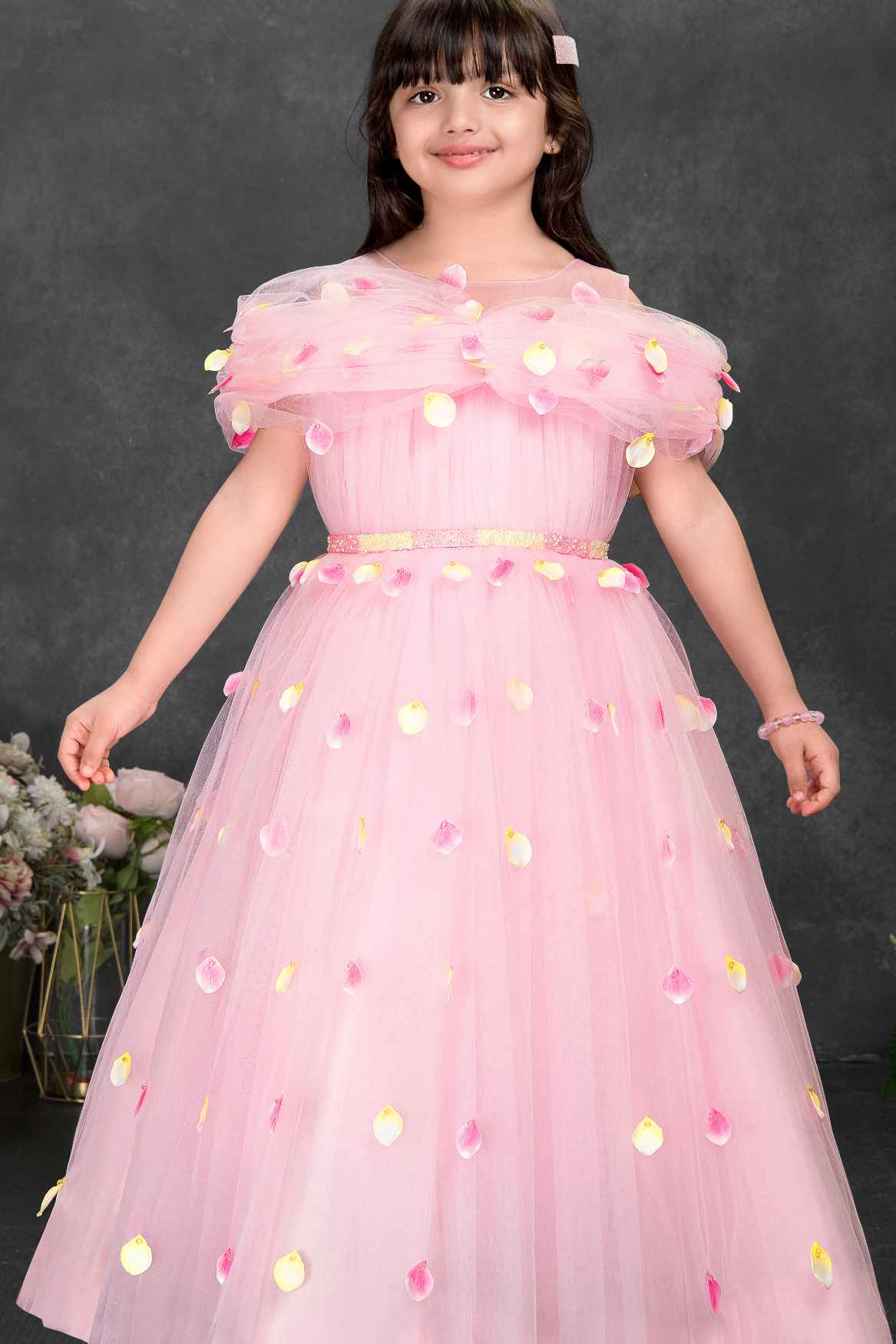 Pink Floral Petal Embellished Party Gown With Cape Overlay For Girls