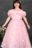Pink Floral Petal Embellished Party Gown With Cape Overlay For Girls