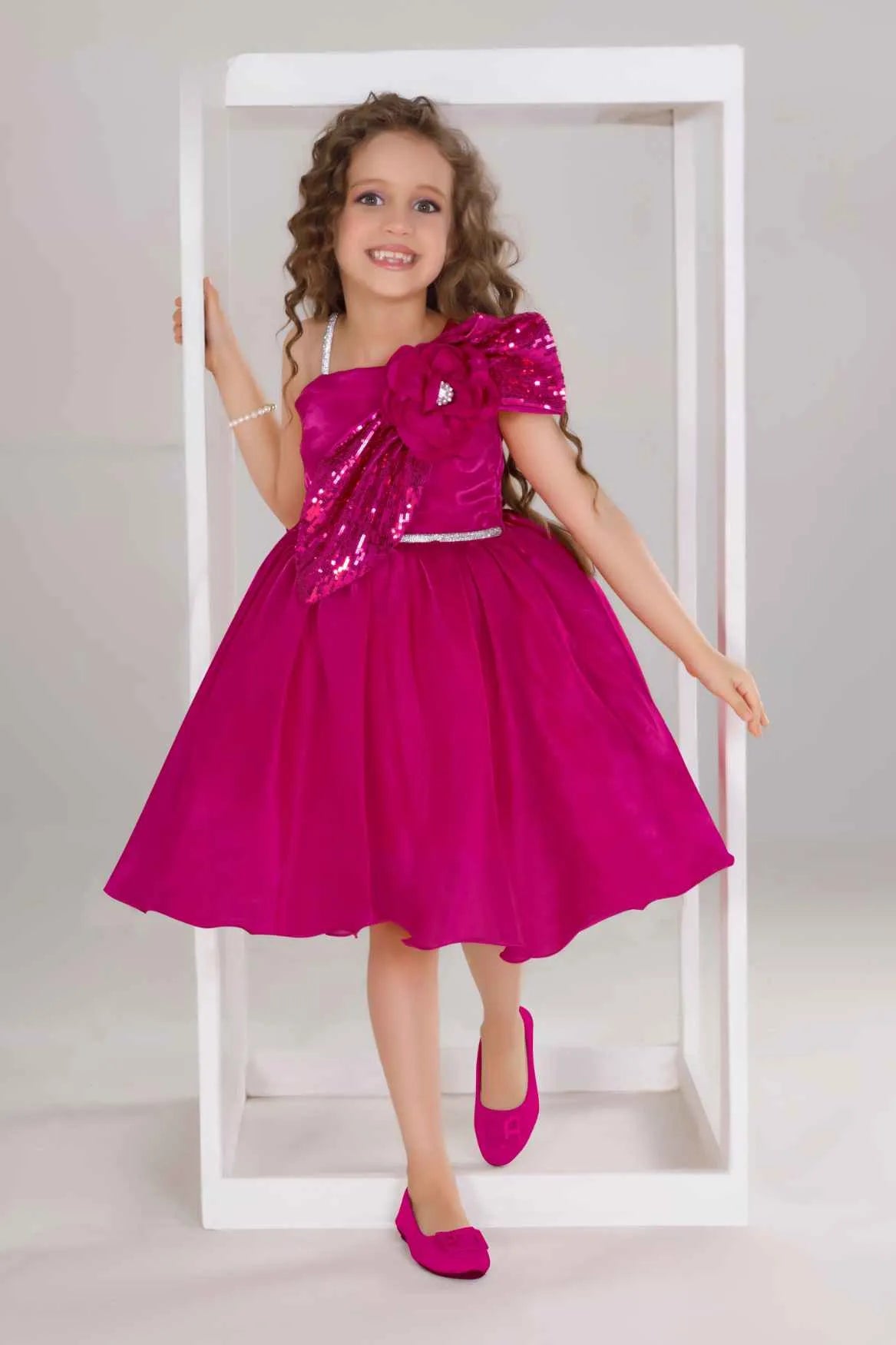 Rani Pink Party Frock With Sequin Bow And 3D Flower Detail For Girls