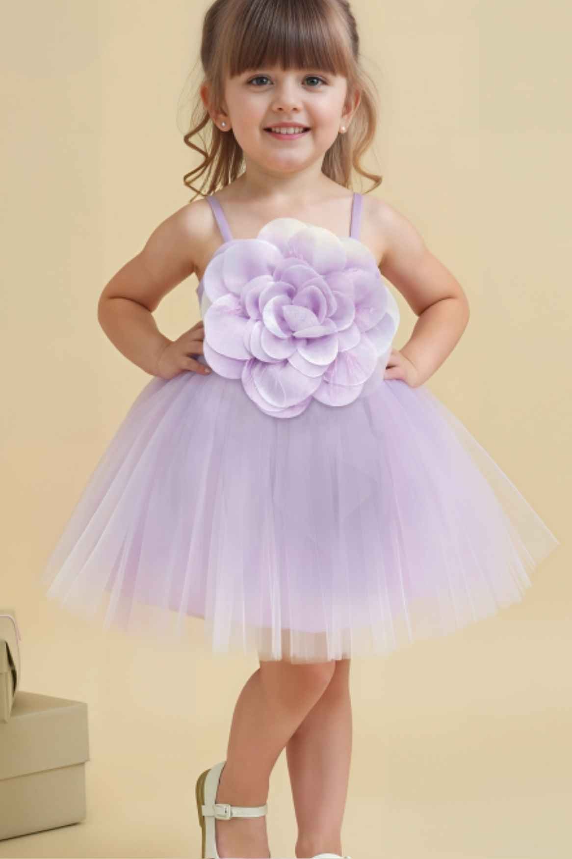 Lavender Floral Embellished Party Wear Frock For Girls