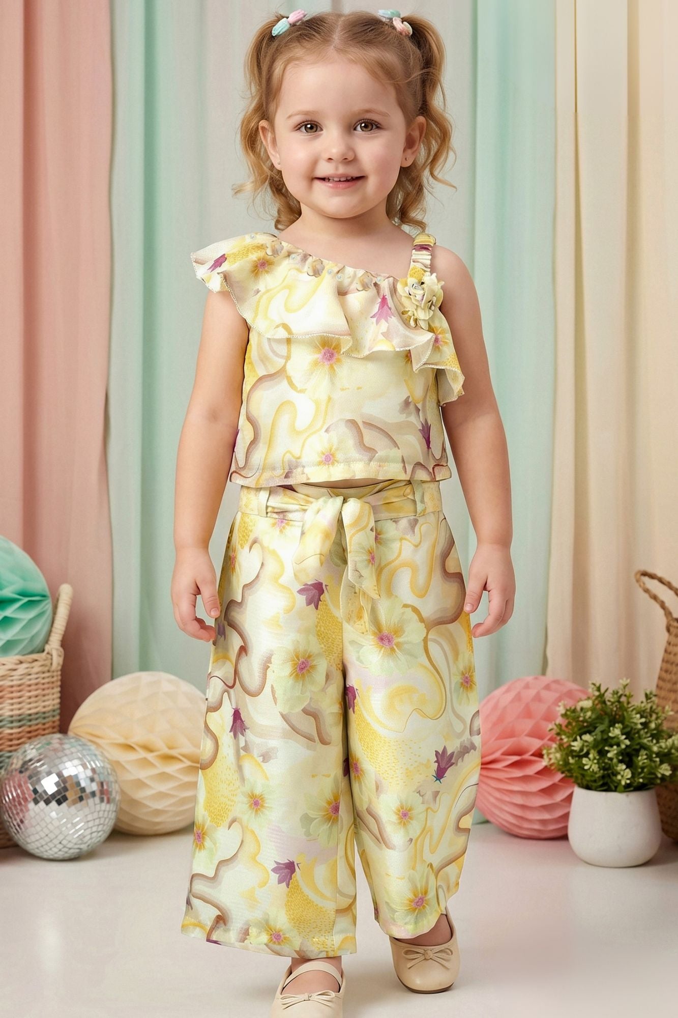 Girls Yellow Floral Printed One-Shoulder Co-Ord Set with Wide-Leg Pants