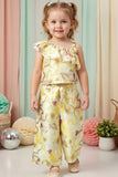 Girls Yellow Floral Printed One-Shoulder Co-Ord Set with Wide-Leg Pants