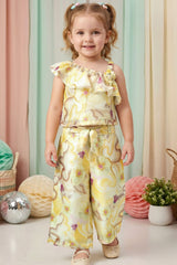 Girls Yellow Floral Printed One-Shoulder Co-Ord Set with Wide-Leg Pants