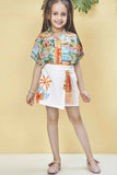 Multicolor Floral Printed Top And Skirt Set For Girls