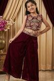 Maroon Sequins Work With Thread Embroidery For Palazzo Set For Girls