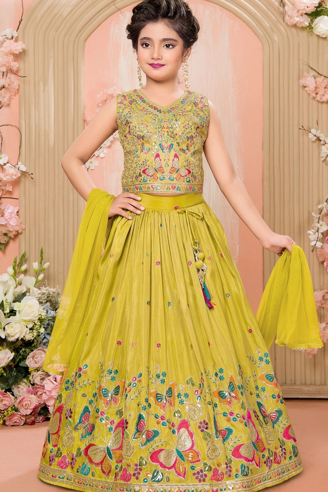 Yellow Multi-Color Butterfly Sequins Embroidered Lehenga Choli Set for Girls