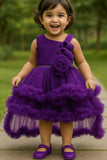 Purple High-Low Party Frock with Floral Embellished & Ruffle Layers For Girls