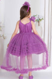 Purple Ruffle Party Frock With Bow Embellishment For Girls