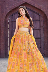 Elegant Yellow Printed Lehenga Choli With Dupatta Sets For Girls