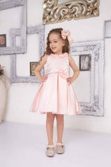 Peach Sleeveless And Floral Embellished With Stone Work Frock For Girls