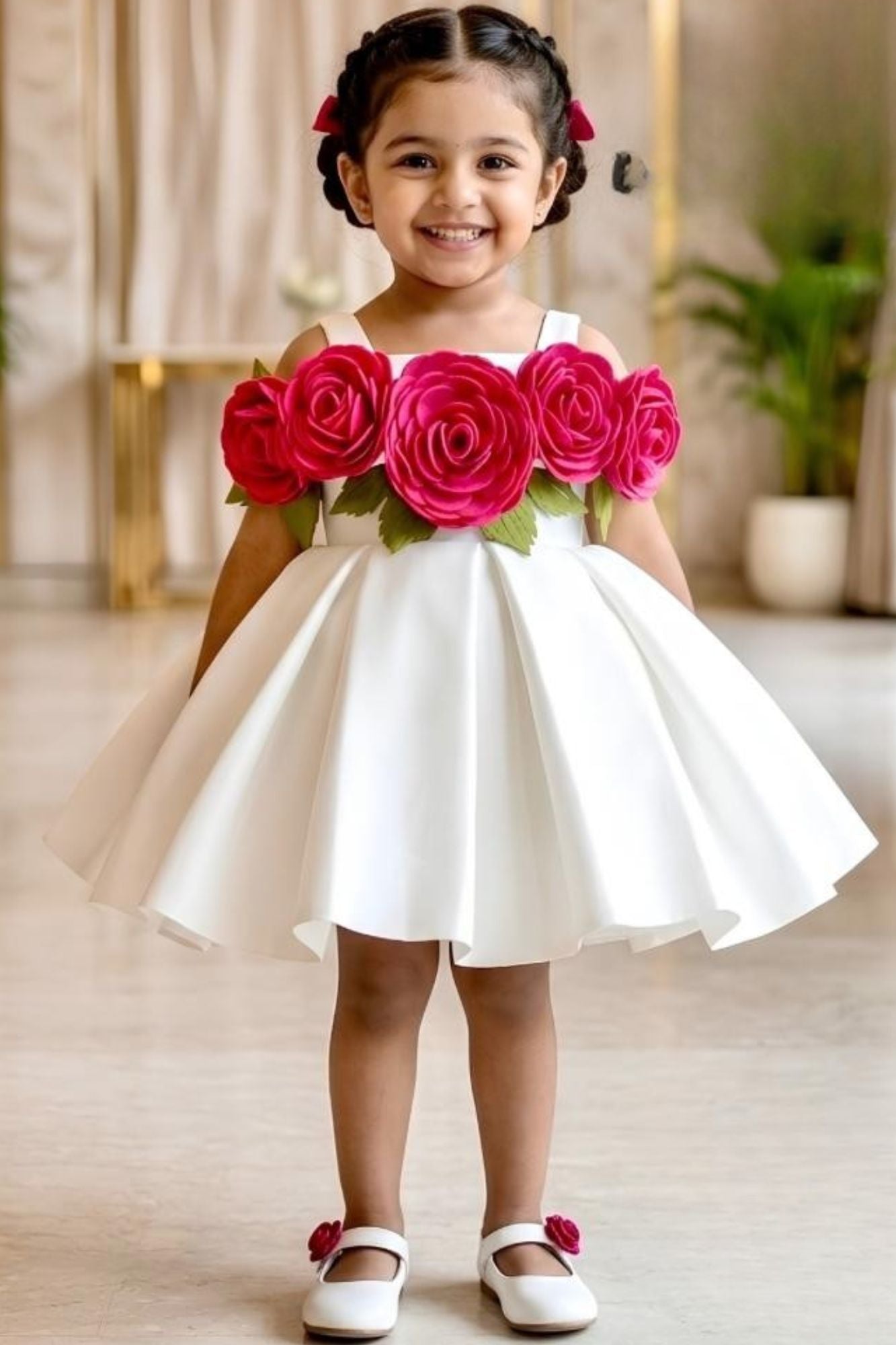 Girls Cream 3D Floral Applique Party Wear Frock