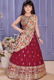 Maroon Embroidered Lehenga Choli Set with Floral Printed Draped Dupatta For Girls