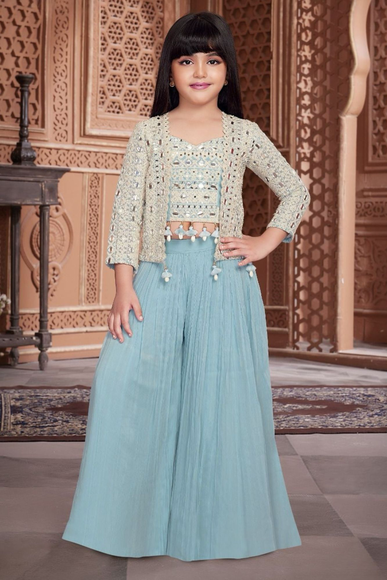 Sky Blue Embroidered Palazzo Set With Ethnic Jacket For Girls