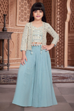 Sky Blue Embroidered Palazzo Set With Ethnic Jacket For Girls