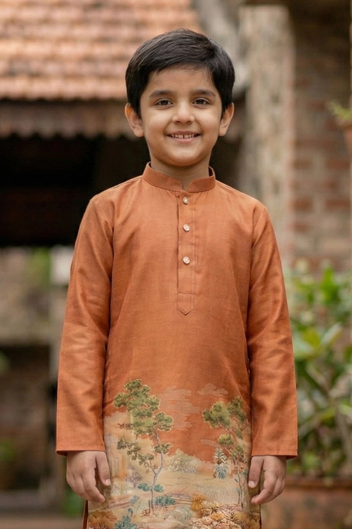 Orange Scenic Print Kurta With Cream Pajama Set For Boys