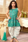 Green Printed And Sequin Top With Dhoti Bottom Set For Girls