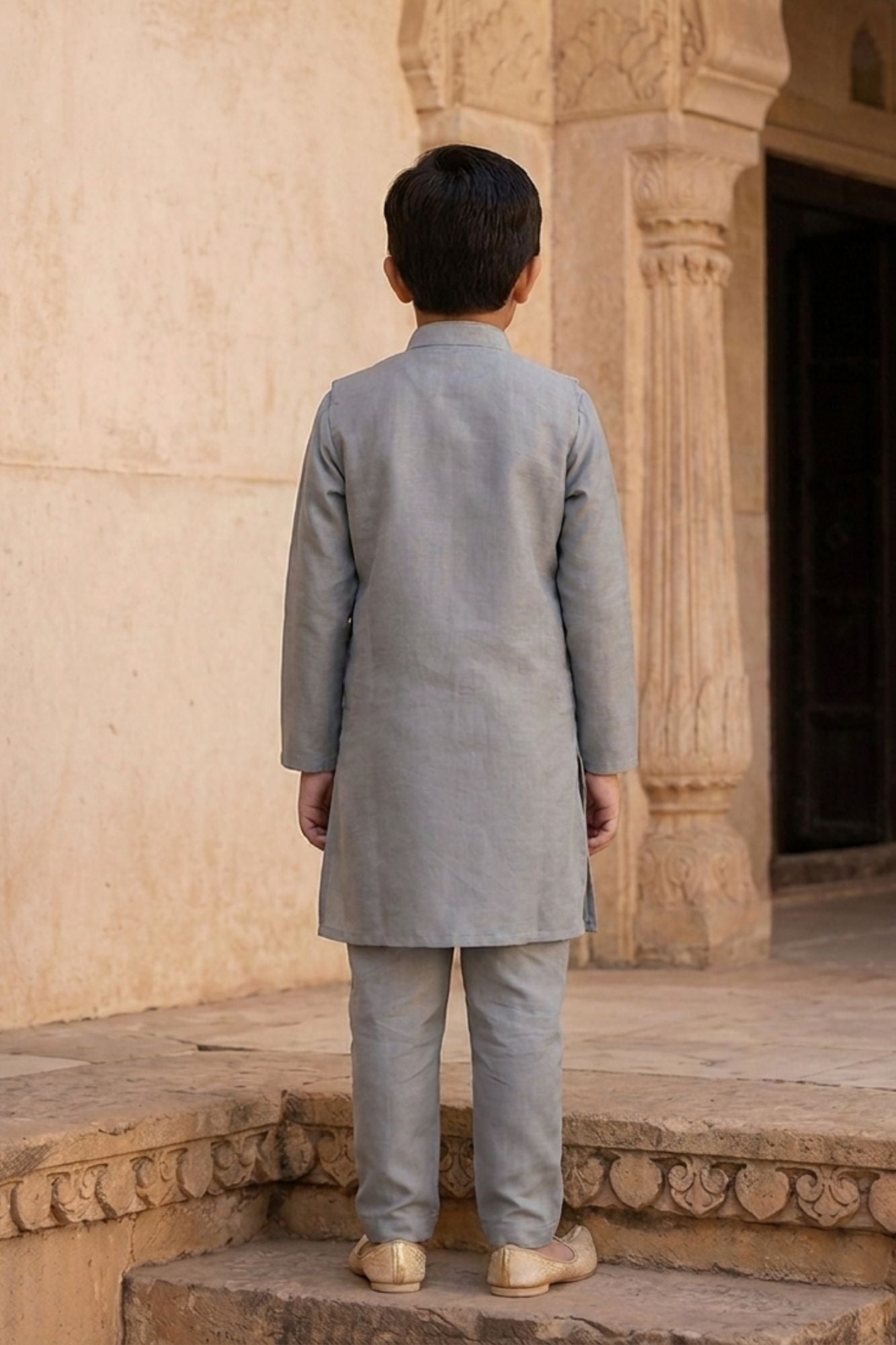 Boys Grey Floral And Paisley Embroidered Kurta Set with Nehru Jacket