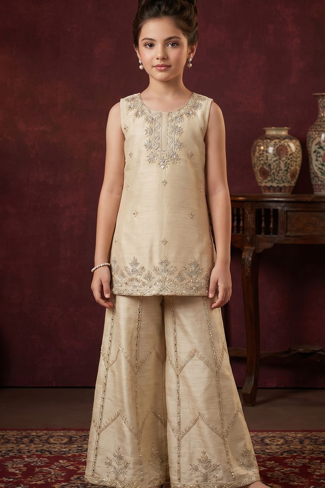 Girls Ivory Embroidered Kurti with Palazzo Set