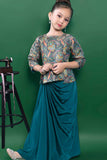 Designer Teal Blue Brocade Top And Dhoti Bottom Set For Girls
