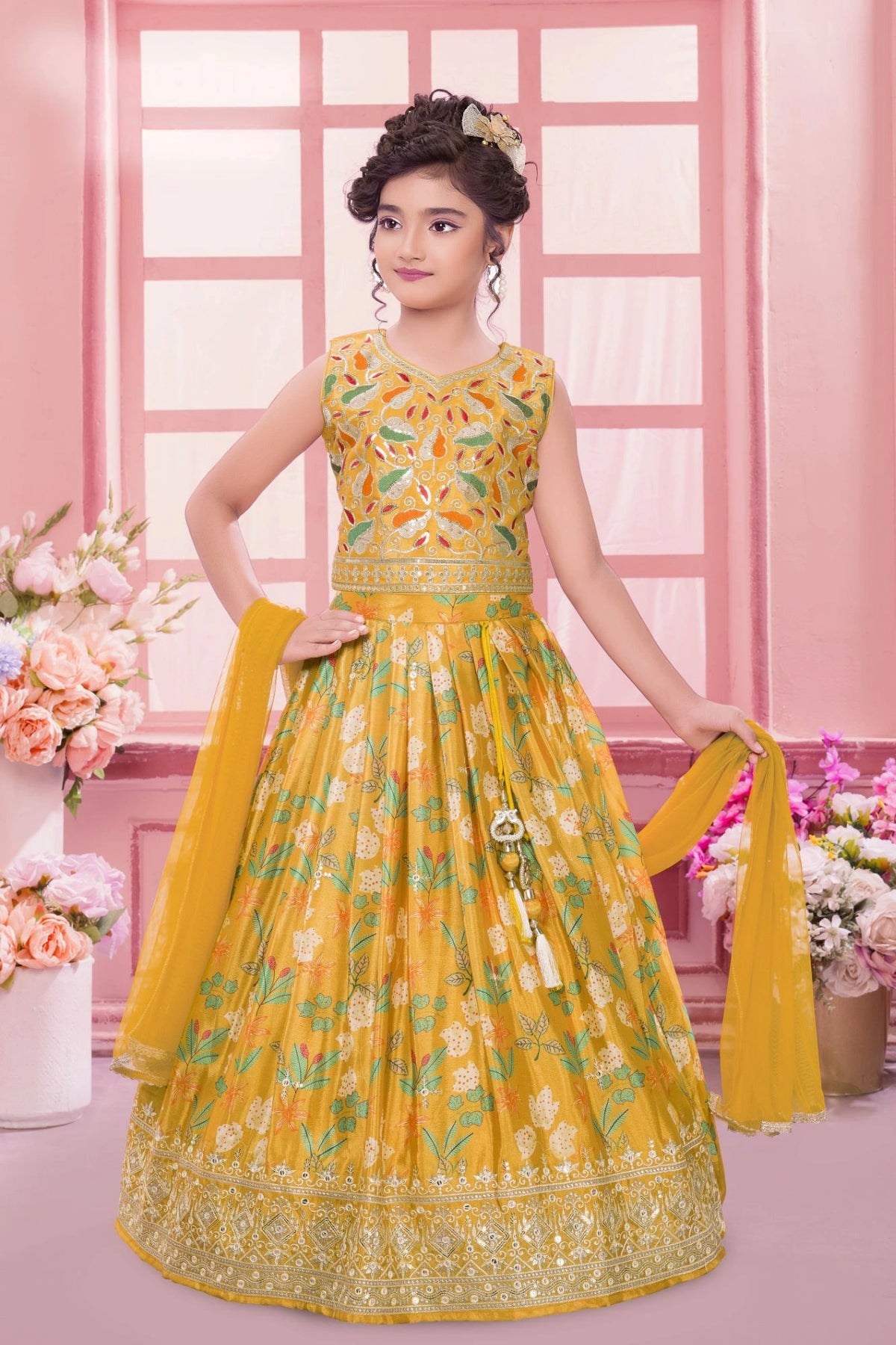 Mustard Yellow Embroidered Silk Lehenga Choli with Dupatta For Girls