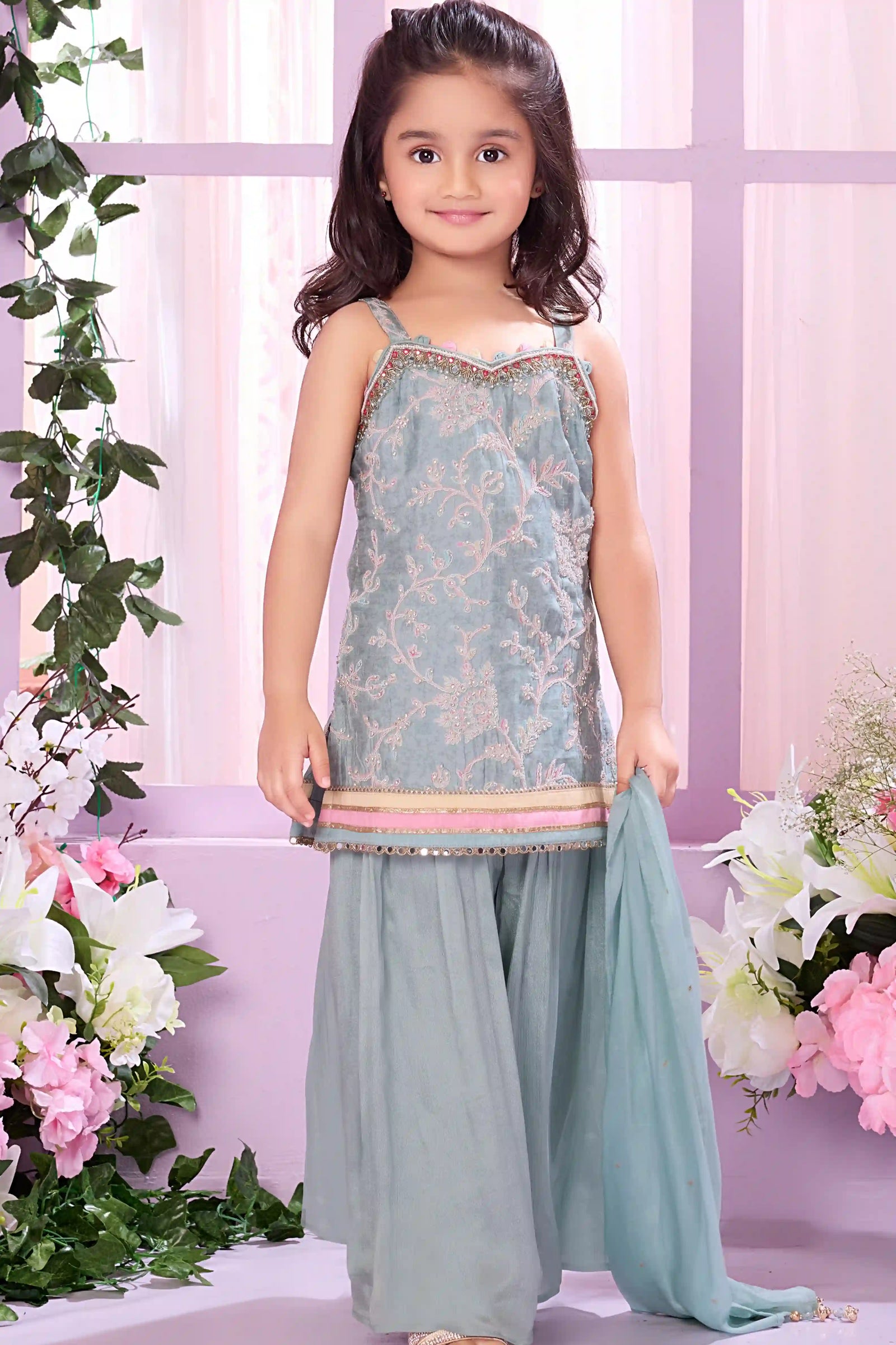 Sea Blue Embroidered Sharara Set with Sleeveless Kurti And Dupatta For Girls