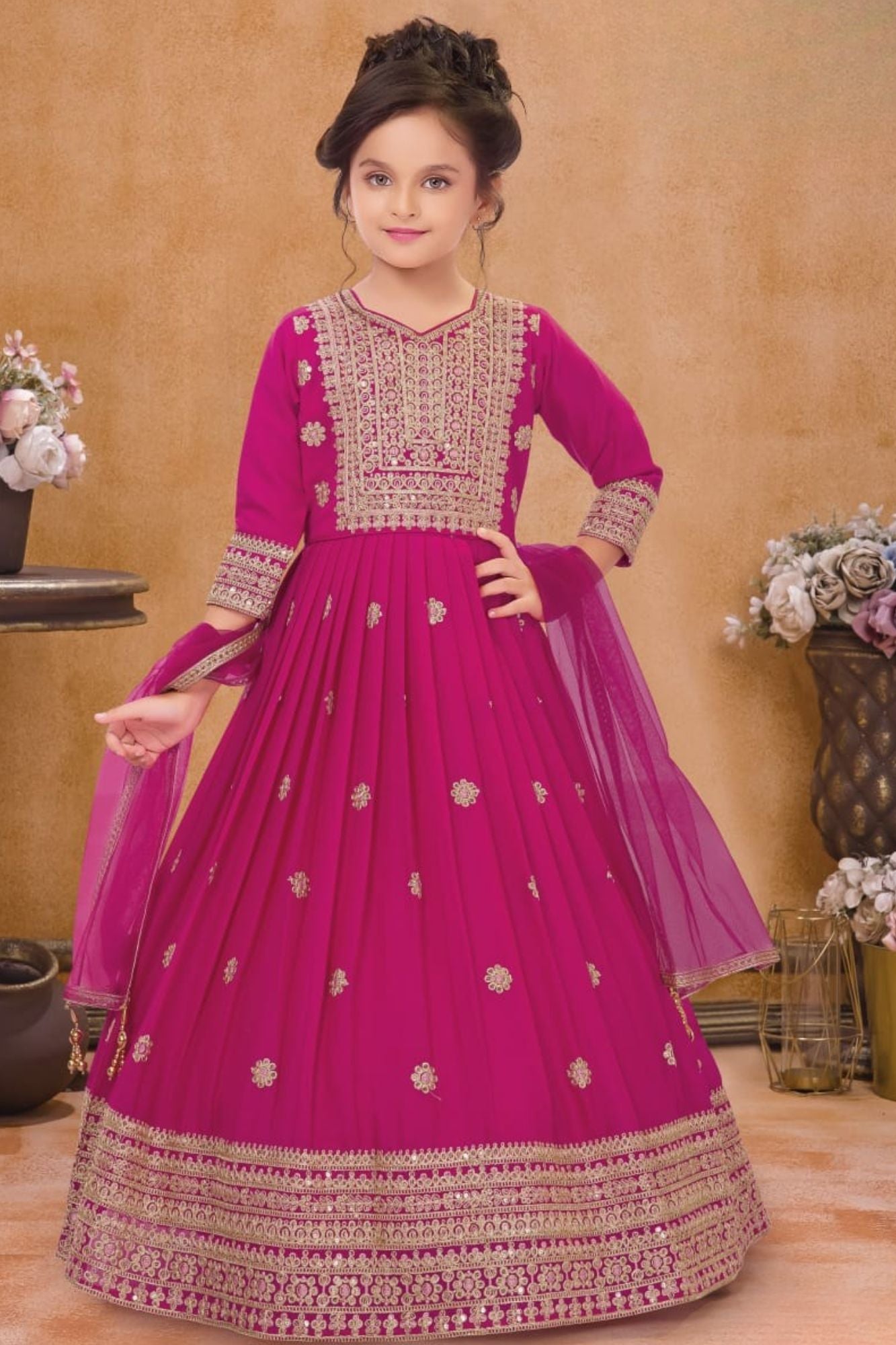 Rani Pink Embroidered Anarkali Ethnic Gown with Dupatta For Girls