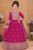 Rani Pink Embroidered Anarkali Ethnic Gown with Dupatta For Girls