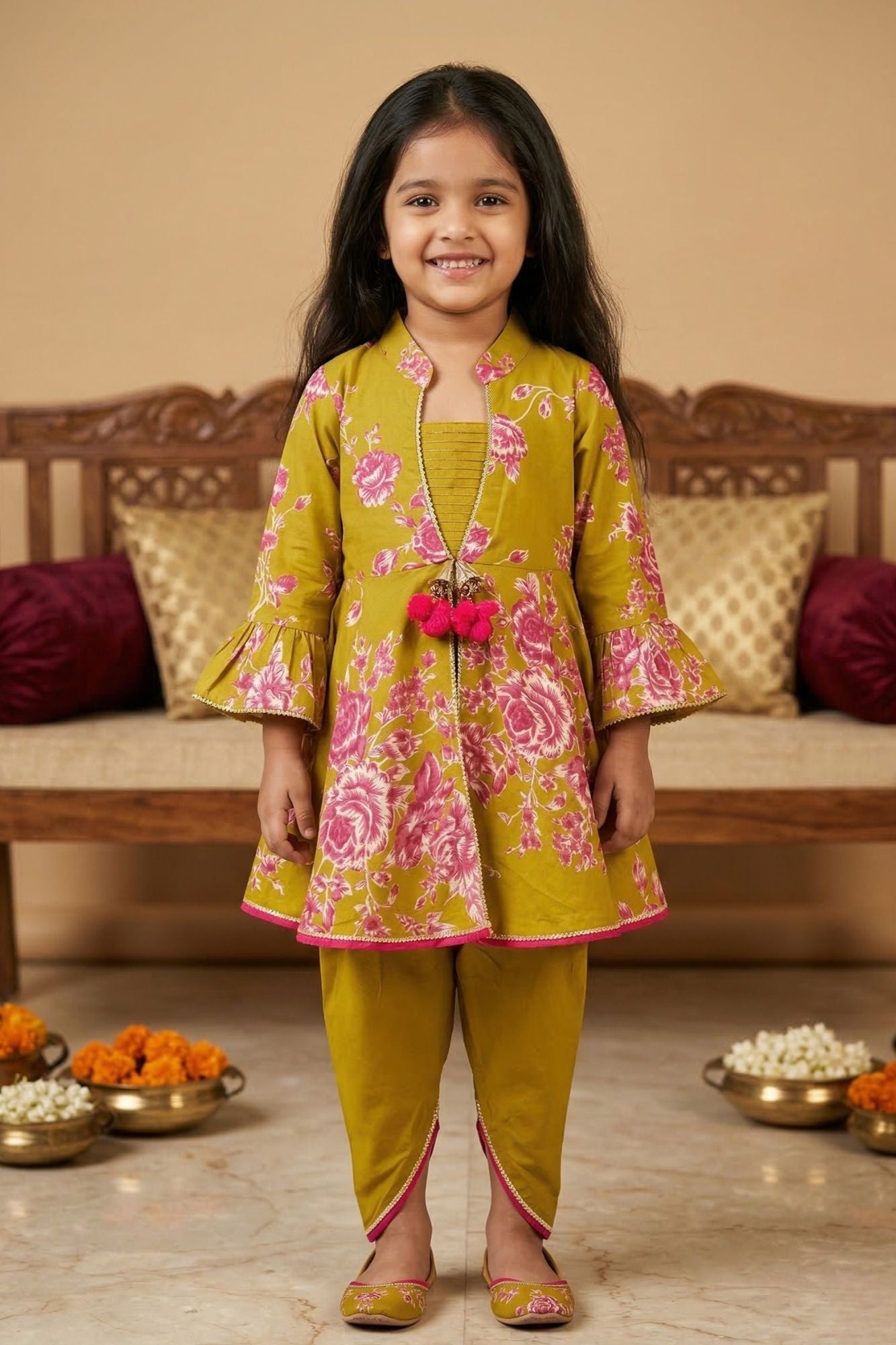 Girls Mustard Floral Printed Kurti with Dhoti Pants Set