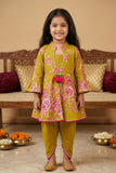 Girls Mustard Floral Printed Kurti with Dhoti Pants Set