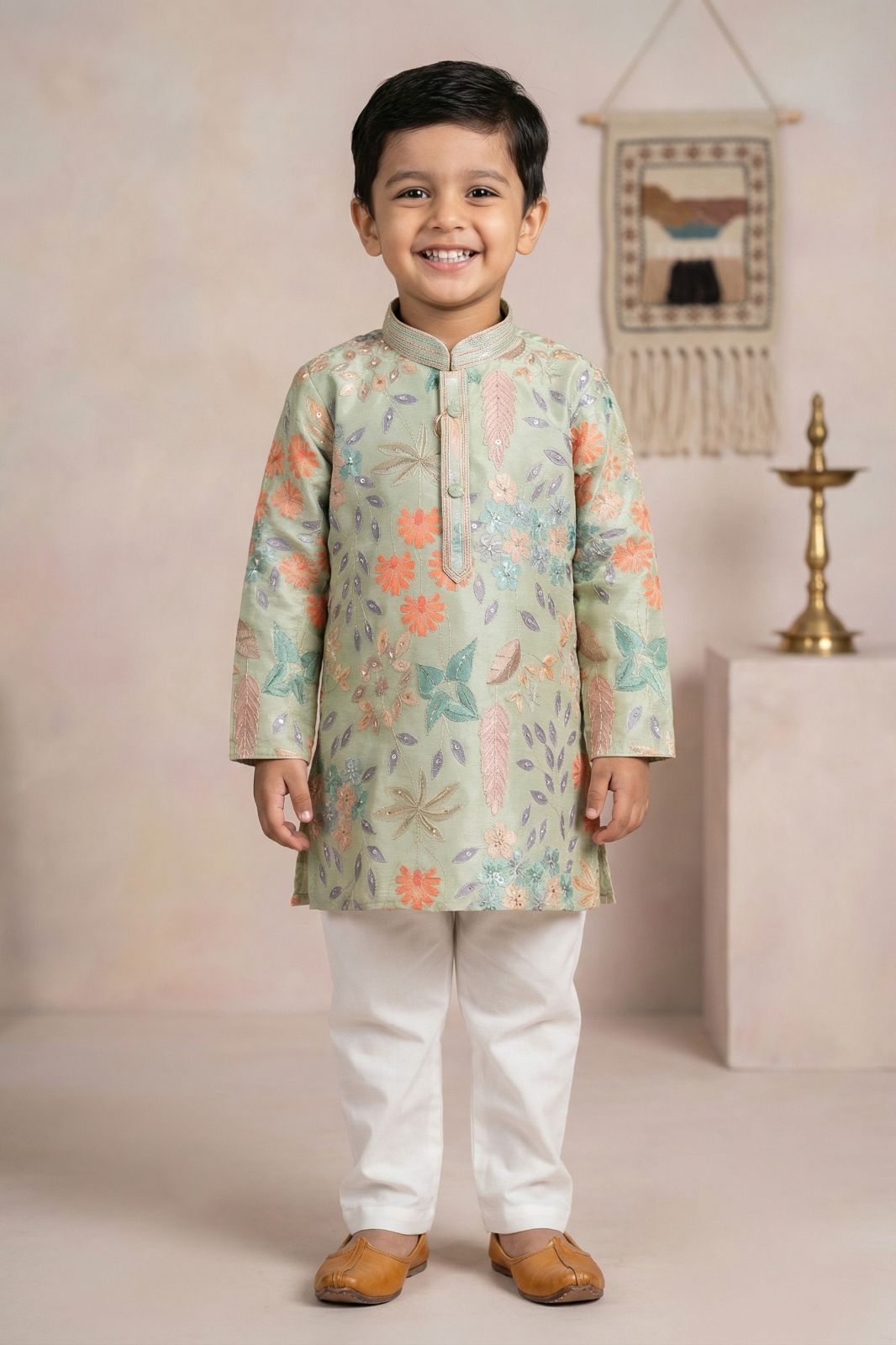 Boys Green Floral Embroidered Kurta Set with Cream Pyjama