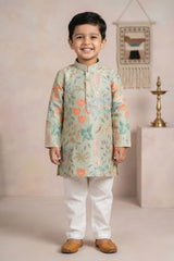 Boys Green Floral Embroidered Kurta Set with Cream Pyjama