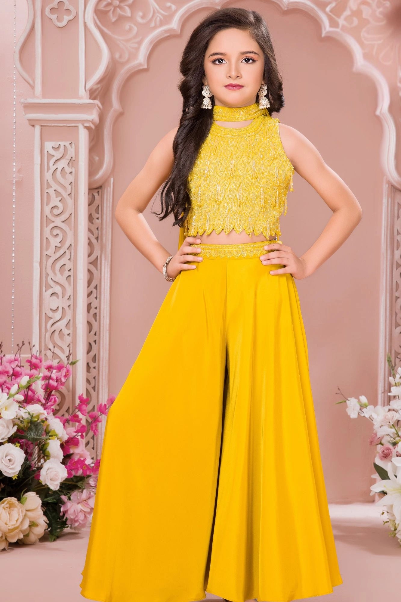 Yellow Embroidered Crop Top with Palazzo Pant For Girls