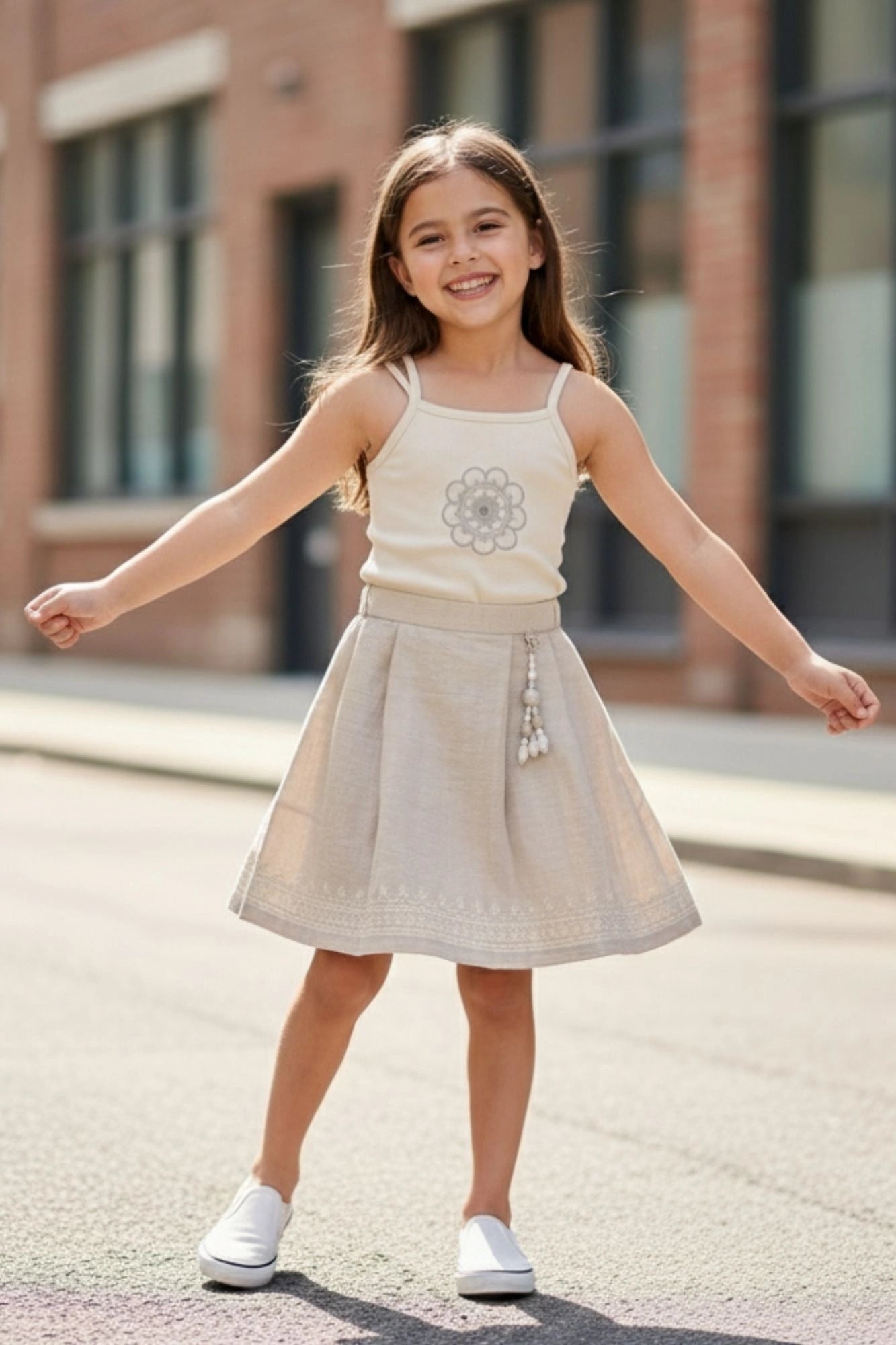 Beige Embroidered Jacket & Skirt Co-ord Set For Girls