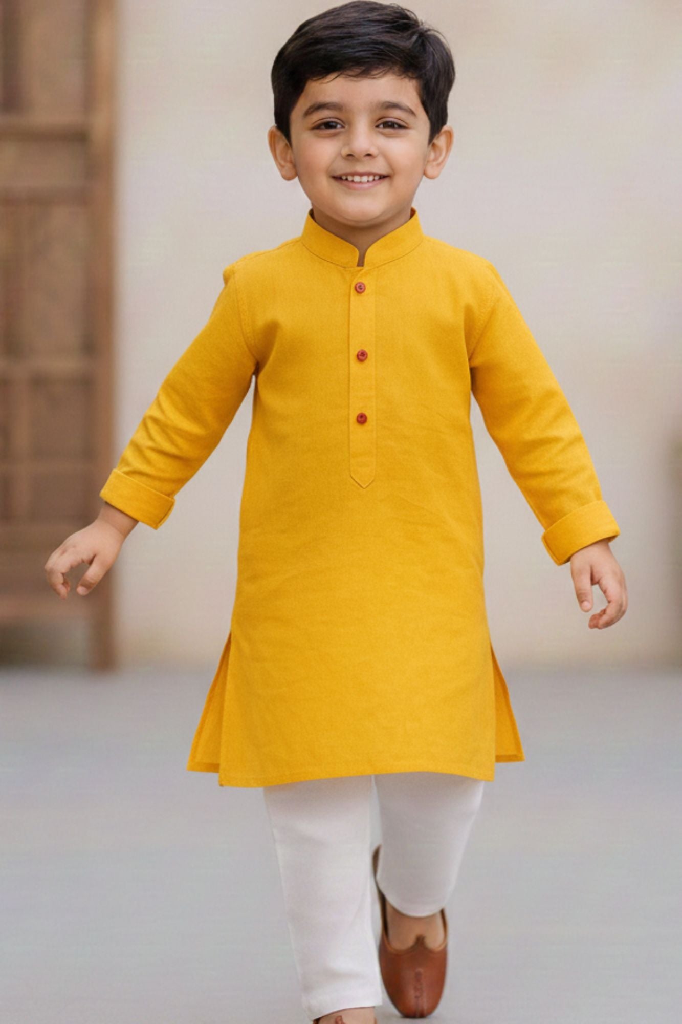 Sunshine Yellow Kurta with White Pajama Set For Boys