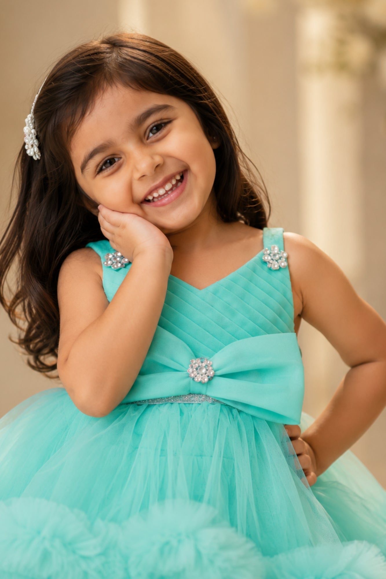 Green High-Low Party Wear Tulle Frock with Bow Detail For Girls