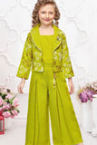 Green Embroidered Wide Legged Pant Set With Jacket For Girls
