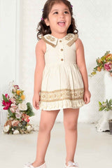 Chic Beige Sleeveless And Thread Embroidered Dress For Girls