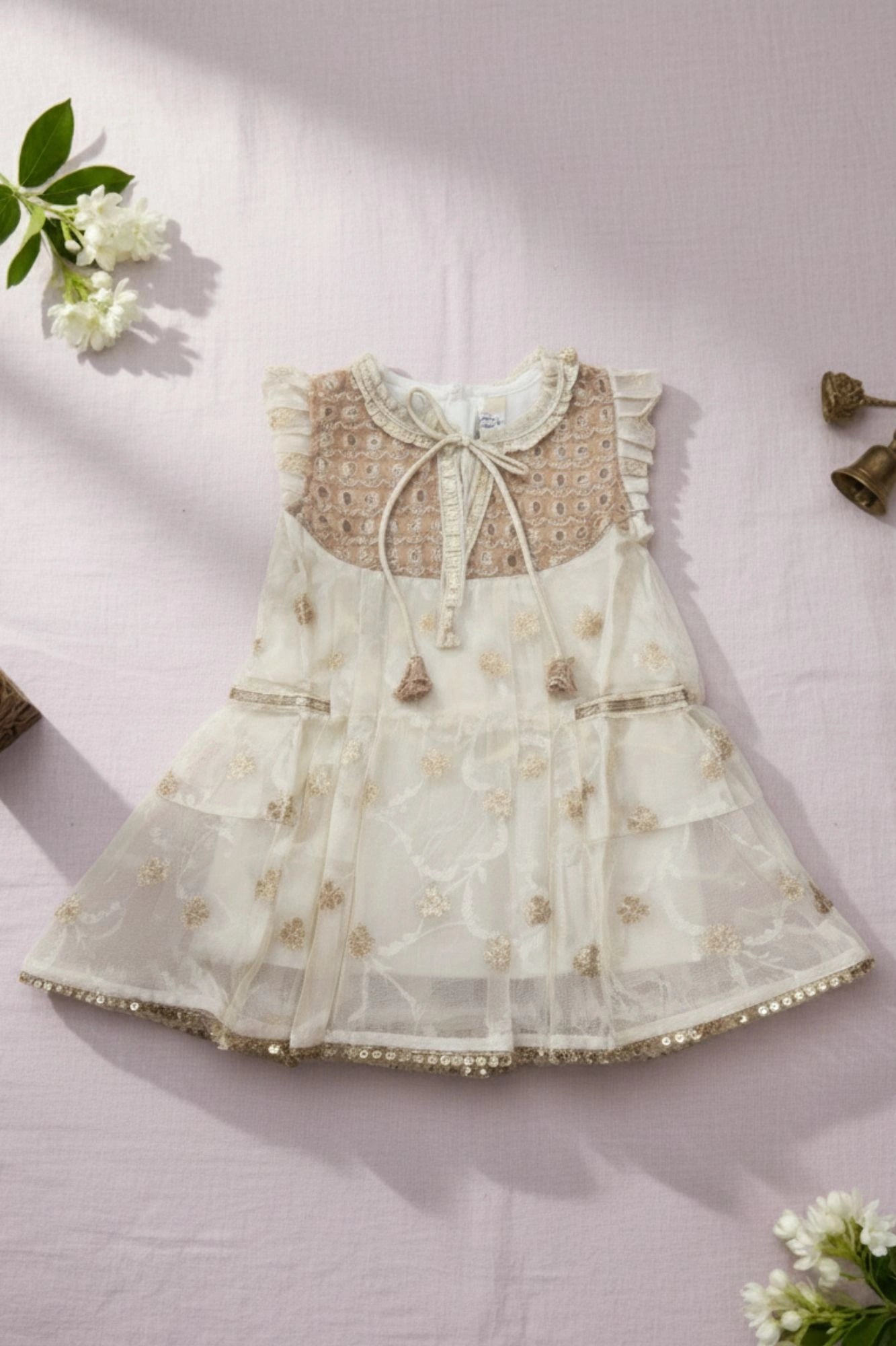 Cream Zari Embroidered Dress  For Girls