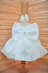 White Bow Embellished With Pearls Work Frock For Girls