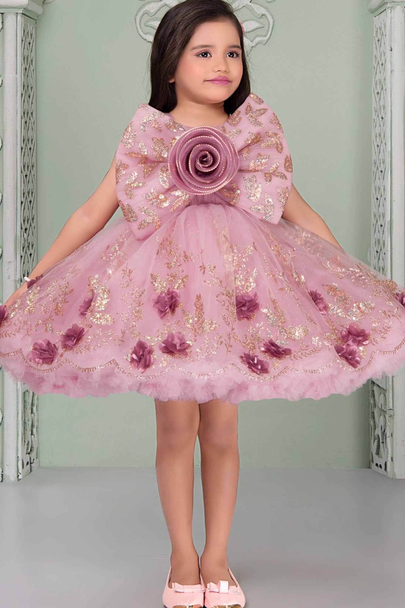 Blush Pink Glitter Party Frock with 3D Floral Bow For Girls